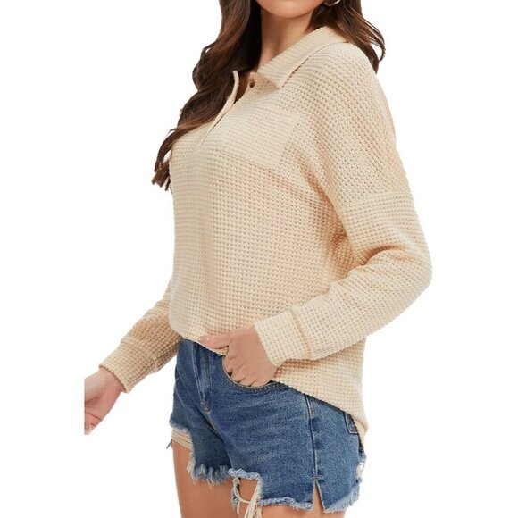 Womens Waffle Knit V-Neck Long Sleeve Button Top Casual Office Style - Picture 6 of 7